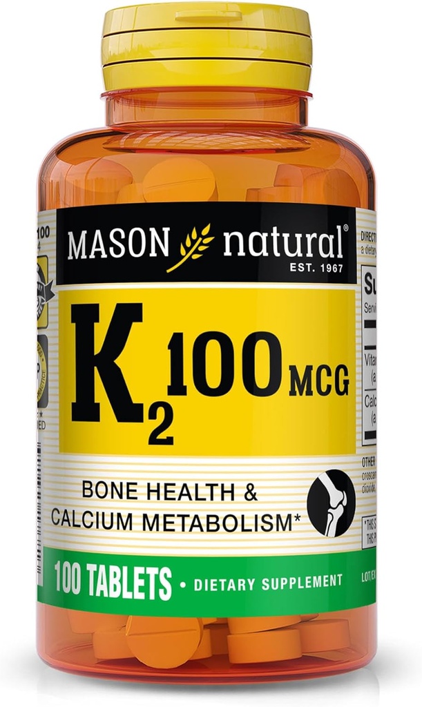 MASON NATURAL Vitamine K2 100 mcg avec du calcium, soutient la santé osseuse, cardiaque et musculaire, 100 comprimés