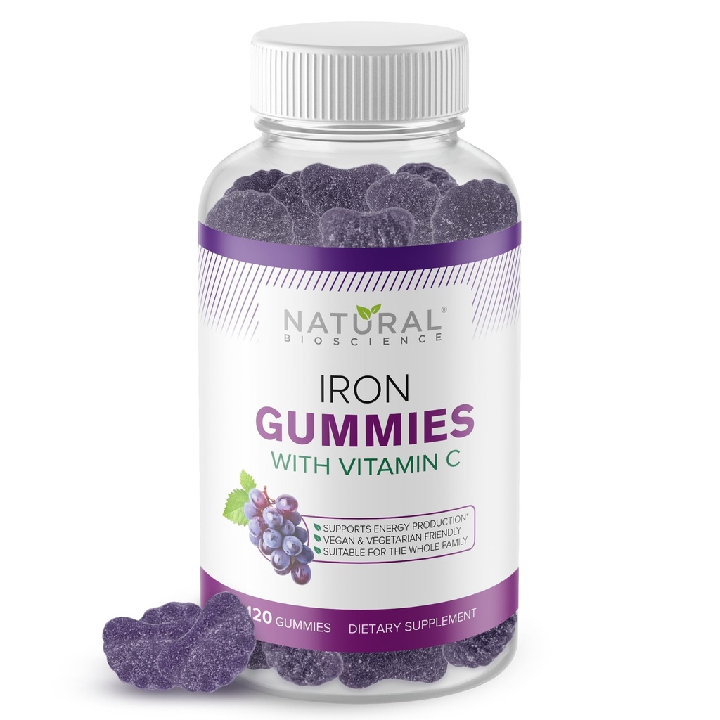 Eisengummis mit Vitamin C - Eisenmangel-Anämie-Ergänzung für Erwachsene & Kinder, Kaubare, Rote Blutzellenunterstützung, Energie, Immunfunktion, Gehirngesundheit, Max Absorption, 120 Vegangummis