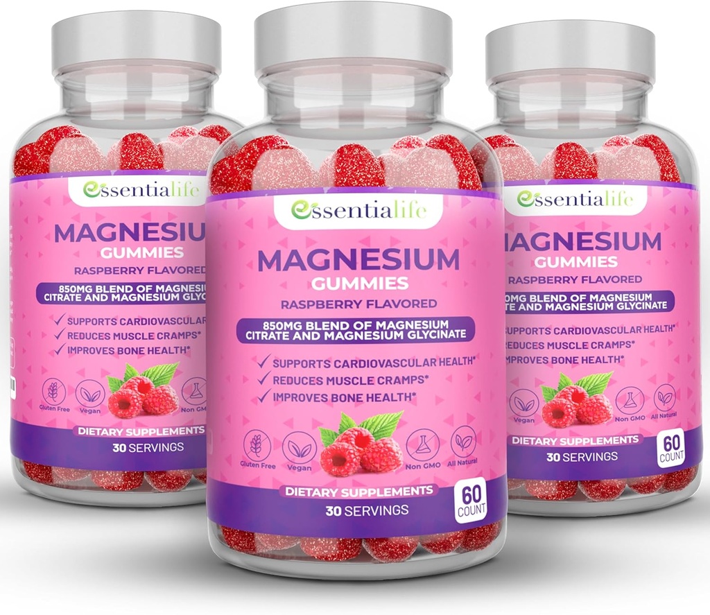 Magnesium Gummies 3 Packs Essentialife 100mg Per Serving - Blend of Magnesium Citrate & Magnesium Glycinate - Supports Digestion - Stay Calm & Wake Up Energized with Magnesium Supplements for Sleep