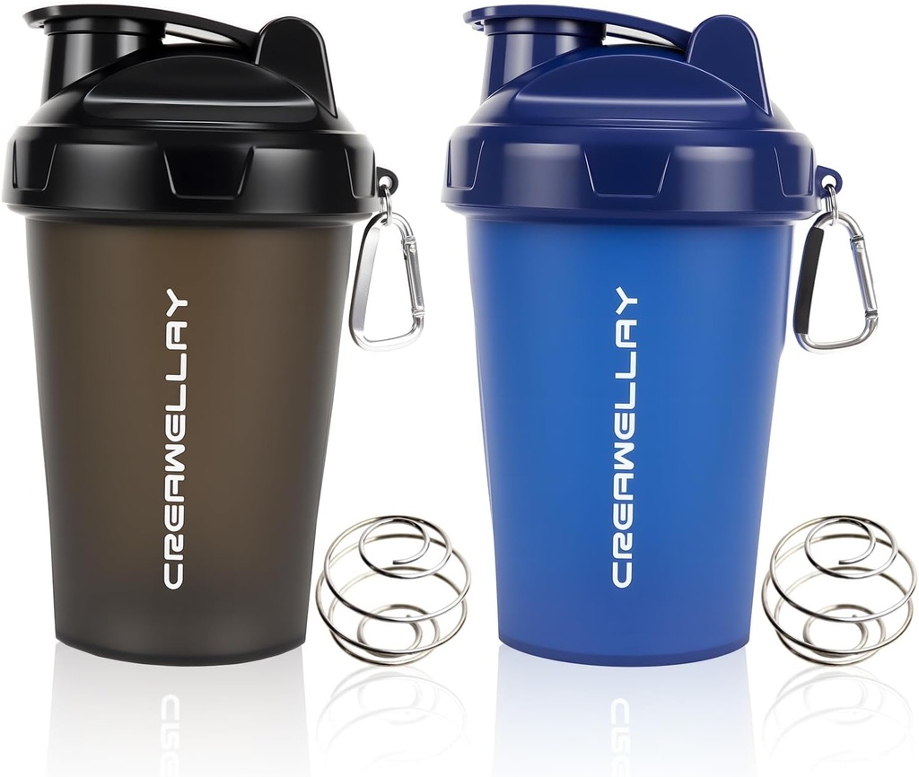 Bouteille 2 Pack Shaker pour les mélanges de protéines, Bouteille 17 oz pour les petites protéines Shaker avec poignée, Gym Shaker tasses avec boule de mélange pour pré-entraînement, sans BPA et lave-vaisselle sans danger (noir, bleu)
