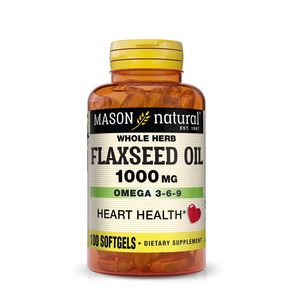 MASON NATURAL Flaxseed Oil 1000mg – Omega 3-6-9 Softgels für Herzgesundheit – Kaltgepresste Ganze Kräuterergänzung – Glutenfrei, Non-GMO, 100 Softgels