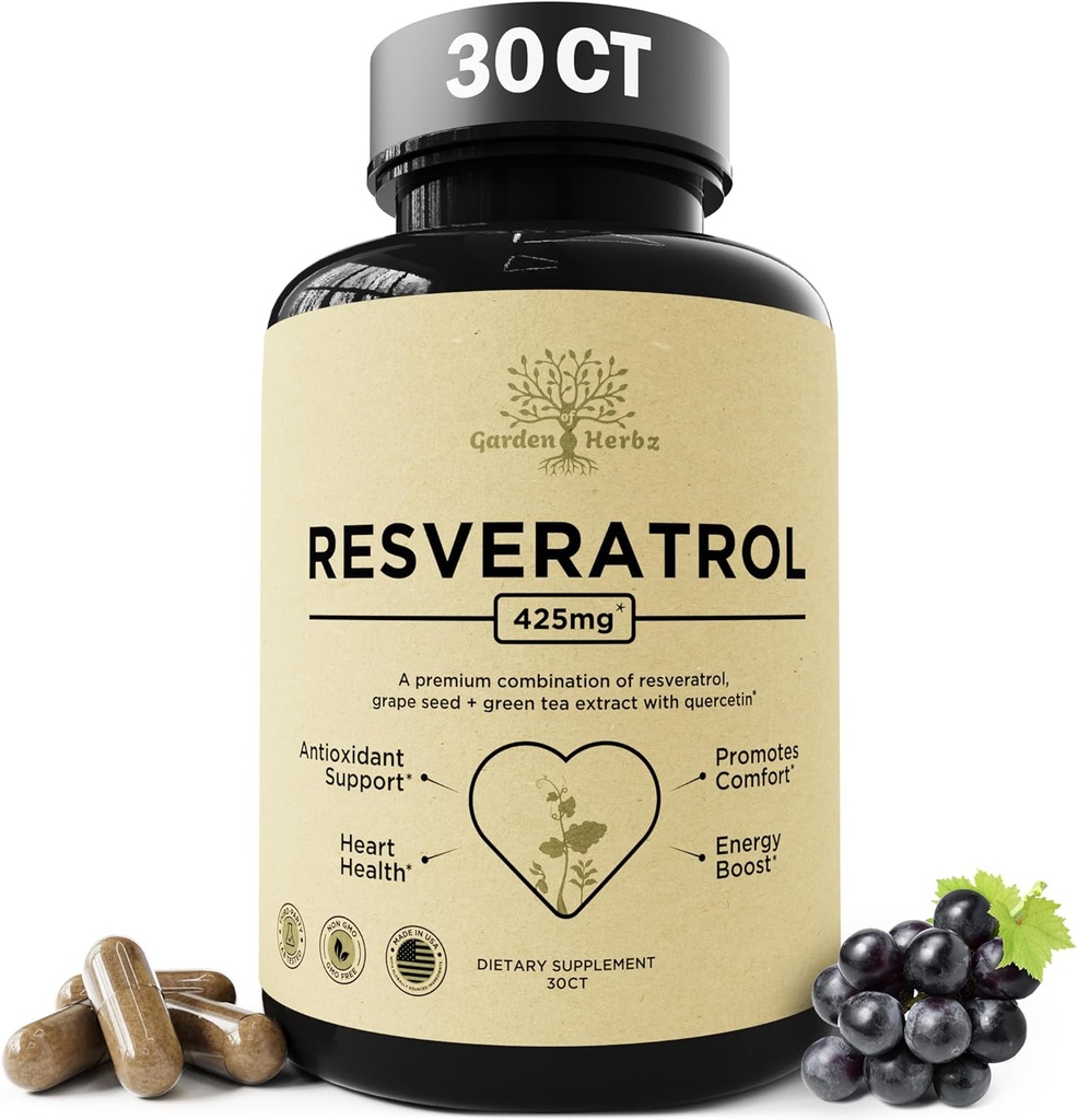 Quercetin & Resveratrol-Ergänzung mit Grape Seed – 425mg Kräuter-Antioxidant & Wellness-Unterstützung – Polyphenole & Nährstoffmischung für allgemeine Gesundheit, 30Ct