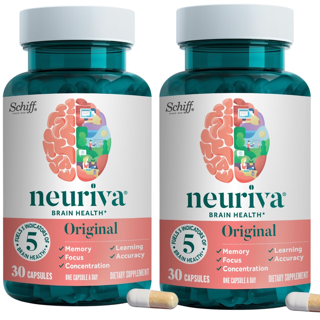 NEURIVA Original Brain Supplemento per la Memoria, Focus & Concentration + Learning & Accuracy con clinicamente testato Nootropics Phosphatidylserine e Neurofactor, Caffeine Free, 30 Capsule (2 Pack)