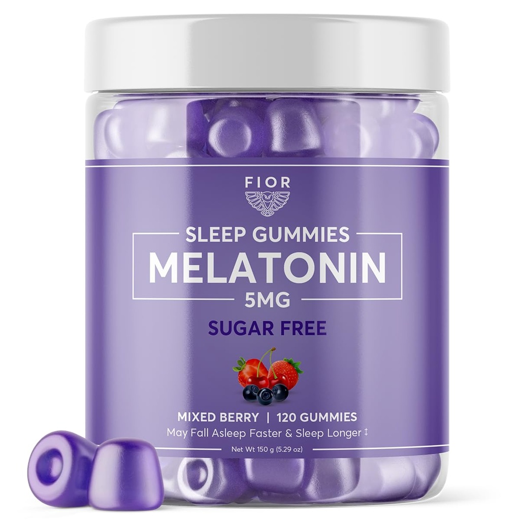 FIOR sans sucre 120-Count Sleep Aid & Calme Gummies, Melatonin Gummies aide au sommeil pour les adultes et les enfants. Vitamines gommy pour le sommeil. Adultes et enfants Mélatonine et L-Theanine Gommies Aide naturelle au sommeil à base de plantes.