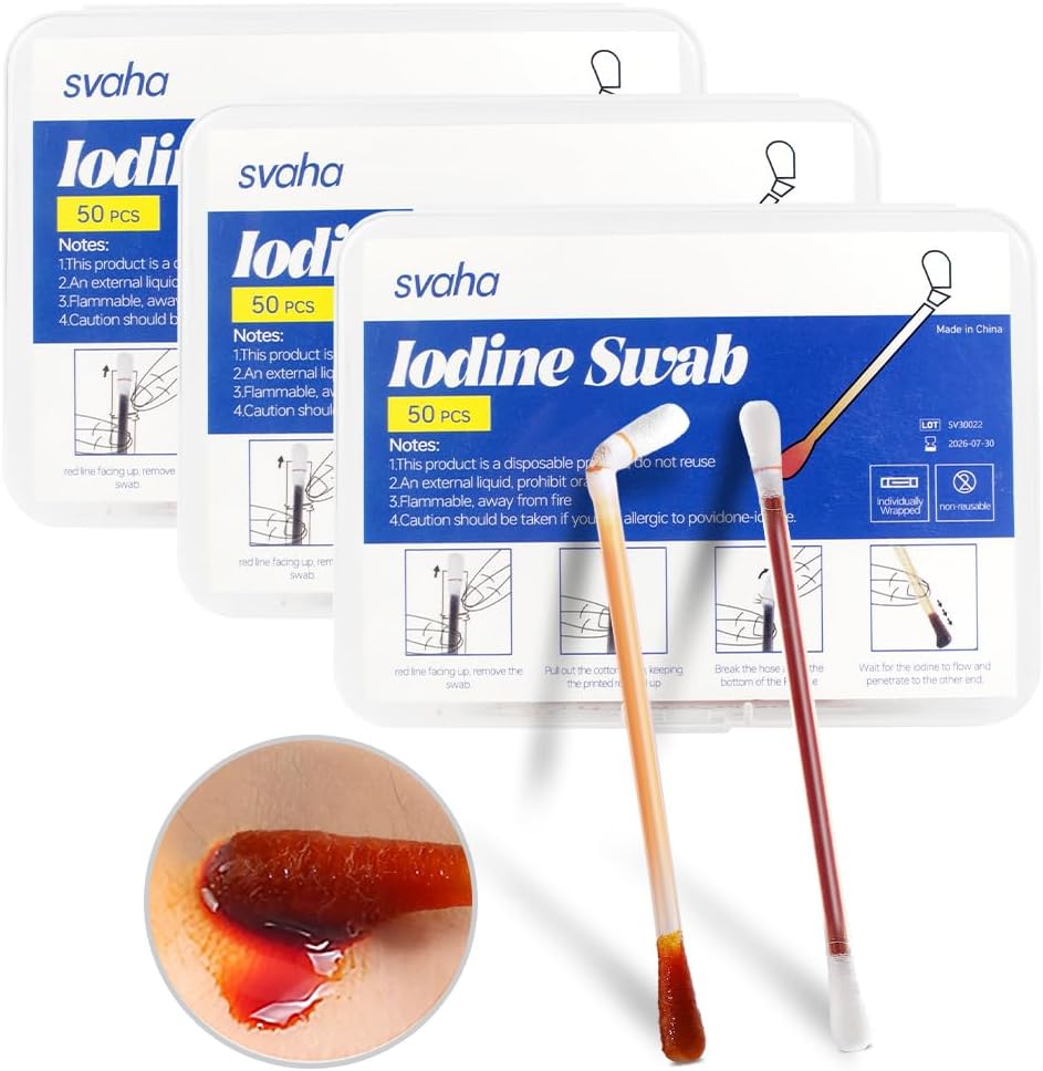 Povidone Iodine Swabs - 150 Sticks Sterile Iodine Swabsticks, Individuell Wrapped Cotton Swabs, Lösung Gefüllt für Wund Cleansing, Erste Hilfe, Reisen