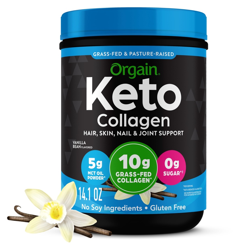 Orgain Keto Collagen Proteinpulver, Vanille - 10g Gras gefüttert hydrolysierte Kollagenpeptide für Frauen & Männer, Typ I & III, 5g MCT Öl - Haar, Haut, Nagel, & Joint Support, Nicht-GVO, Glutenfrei - 0,88lb