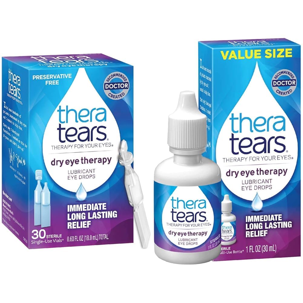 TheraTears Dry Eye Therapy Lubricating Gocce per occhi secchi, Preservative Free Eye Drops, 30 Single-Use Vials & Dry Eye Therapy Gocce per occhi secchi, 1.0 Fl Oz