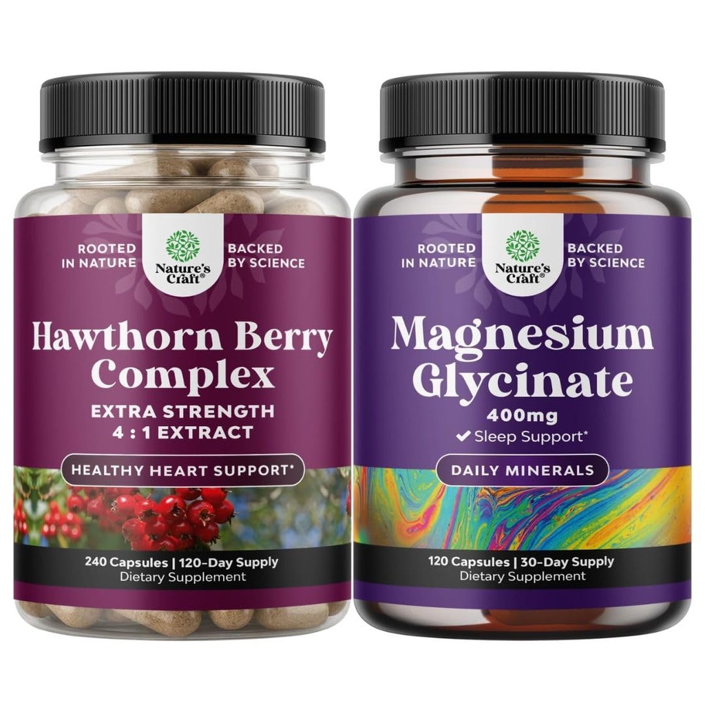 Natures Craft Bundle of Extra Strength Hawthorn Berry Capsules - Extrakt Verdauung und Herzgesundheitsergänzung und reines Magnesium Glycinate 400mg pro Servierung für Mood Schlaf und Entspannung