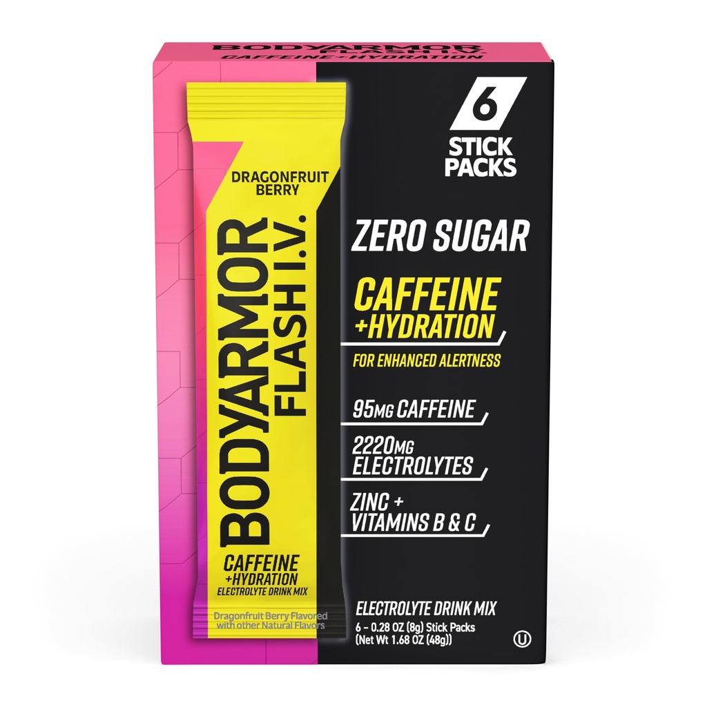 BODYARMOR Caffeinated Flash I.V. Electrolyte Packets - Dragonfruit Berry - Zero Sugar Energy Drink Mix, Packs de service unique, Hydratation pour la préentraînement, Essentiels de voyage, Lifestyle actif (6 comte)