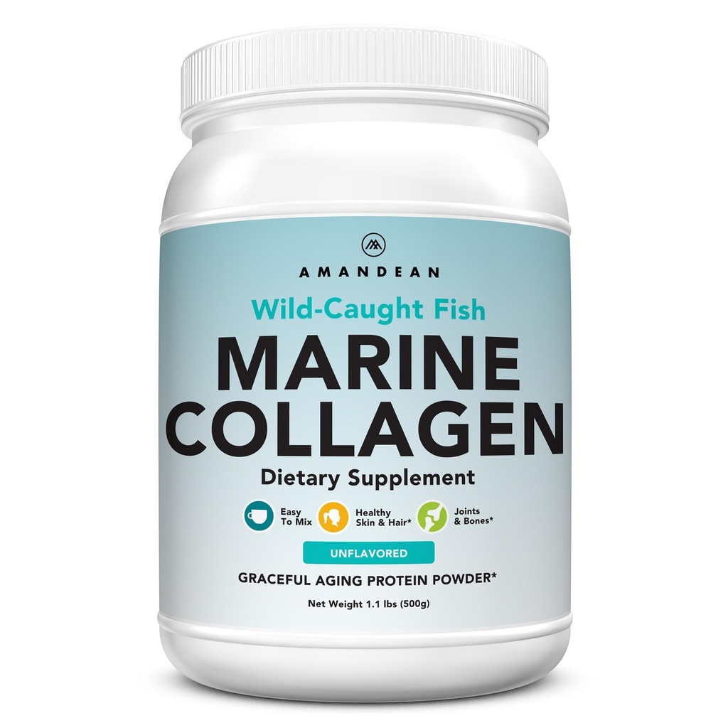 AMANDEAN Marine Collagen Peptide Powder. 500g Wild-Caught-hydrolysed Fish Collagen Supplement. Typ 1 & 3 Collagen Protein. 18 Aminosäuren für Haut, Haar, Nägel.