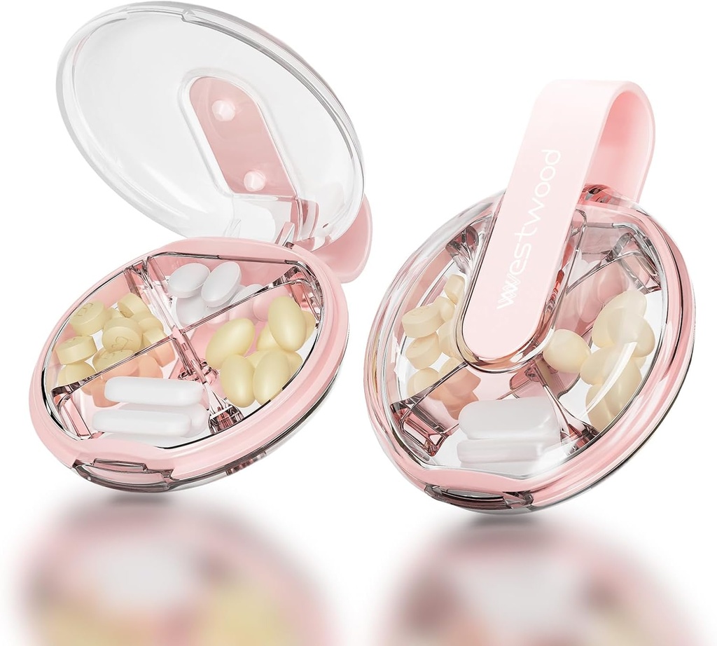 1 Pack Easy-to-Hold Small Round Pink Pill Organizer mit Dekorativem Strap, 4 Kompartments, Kompakte Reise Pillen Box Fall, Tragbar und Feuchtigkeitsbeständig, um Vitamine, Medikamente und Ergänzungen zu speichern