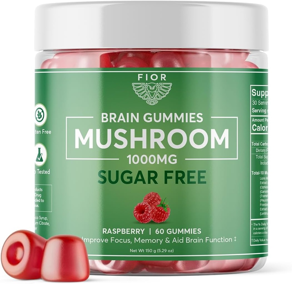 FIOR Natürlich Sugar-Free Mushroom Gummy Total Mushroom Blend Supplement, 60 Count, Multi Pilz Complex, Lions Mane, Chaga, Cordyceps, Reishi, Türkei Tail, Maitake, Shiitake, King Trumpet