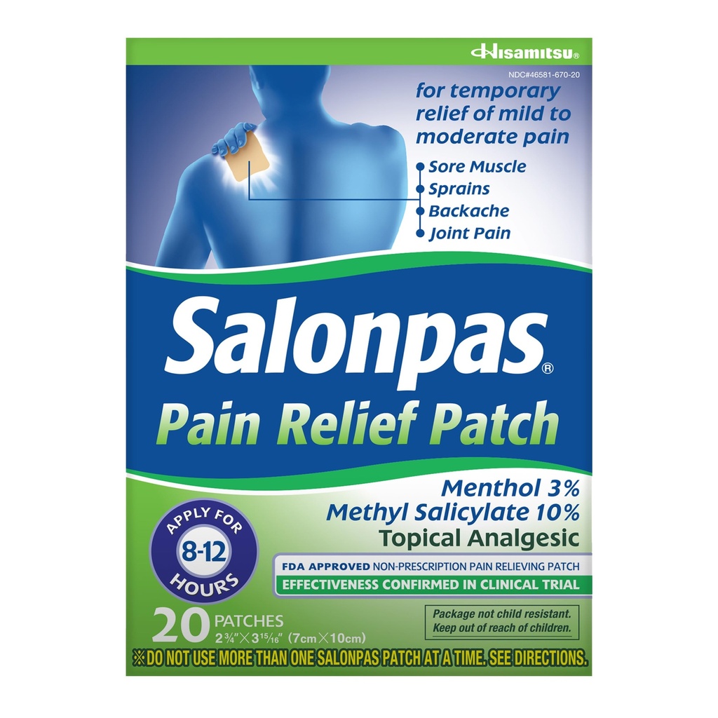 Salonpas Pain Relief Patch, 20 Compte (paquet de 1), jusqu'à 12 heures de soulagement temporaire de la douleur légère à modérée, maux de dos, douleurs musculaires, entorses, ecchymoses