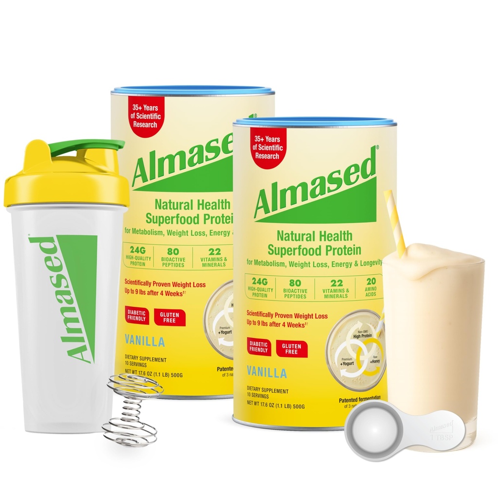 Agitazione per la perdita di peso - Protein Powder - Starter Kit (Alroma di vaniglia di mandorle, 2 canne di 17.6 oz + Shaker Bottiglia + Scoop)