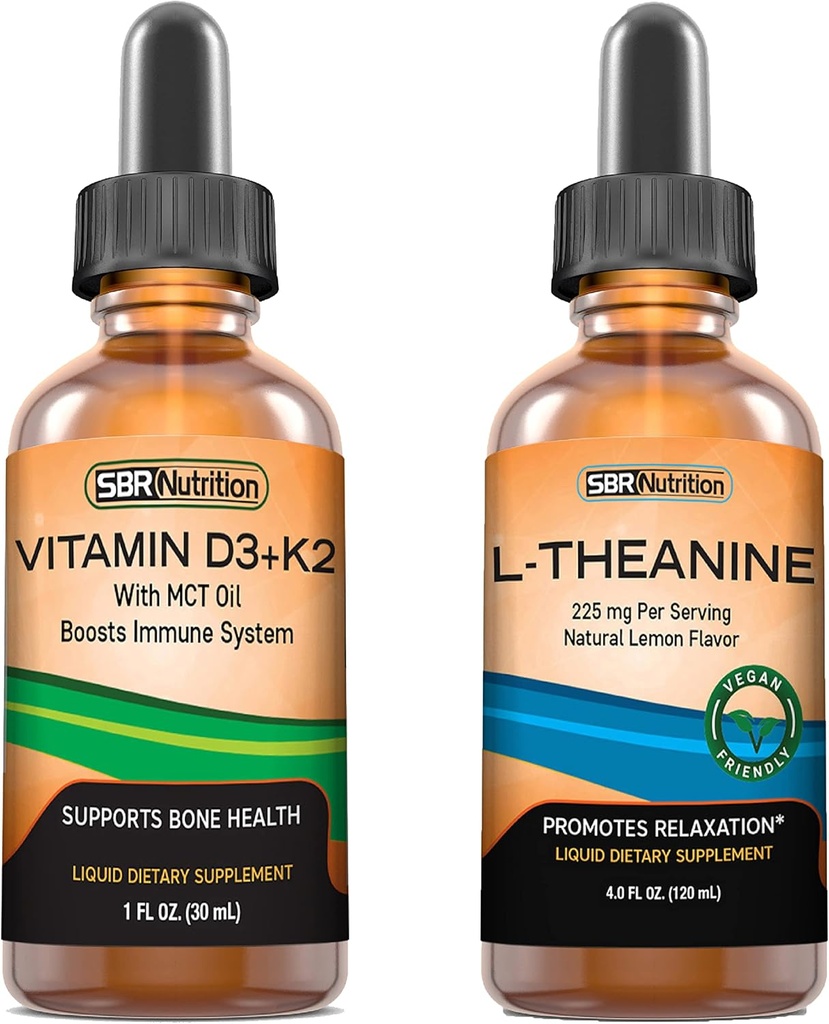 SBR Nutrition D3+K2 und L-Theanin Bundle Vitamin D3K2 (MK7) Flüssigkeitstropfen, Pfefferminz, 1oz | L Theanin 225mg Flüssigkeitstropfen, 2oz | für Erwachsene & Kinder | Non-GMO, Gluten Free