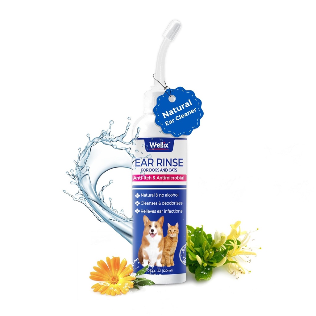 Wellix 120ml Ear Cleaner per il cane & gatto - Trattamento di infezione all'orecchio senza irrigazione - Cane Ear Wash per Itch Relief & Soothing Inflammation - Ear Wax, Polvere e Odor Gocce di rimozione