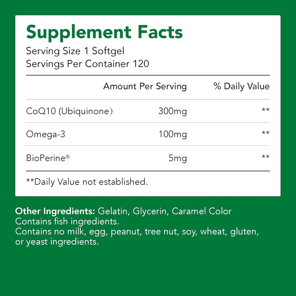 Ergänzungen, Ubichinon CoQ10 (Coenzym Q10) 300 mg, BioPerine (5mg) | Unterstützt Herzgesundheit, Energie & Absorption (1 Flasche-120 Softgels-2mo Supply) | High EPA & DHA | Non-GMO, Gluten-Free