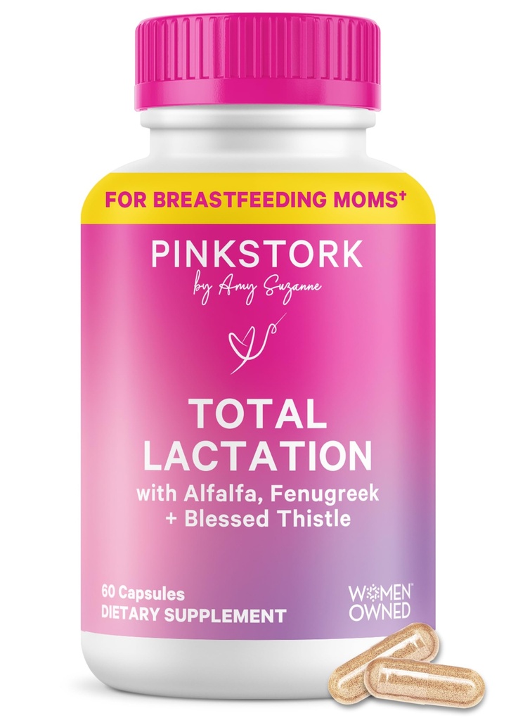 Integratore di lattazione totale della cicogna rosa per l'alimentazione del latte materno, Fenugreek organico e Alfalfa per sostenere l'allattamento al seno, il flusso di latte e la produzione, Postpartum Essentials - 60 capsule