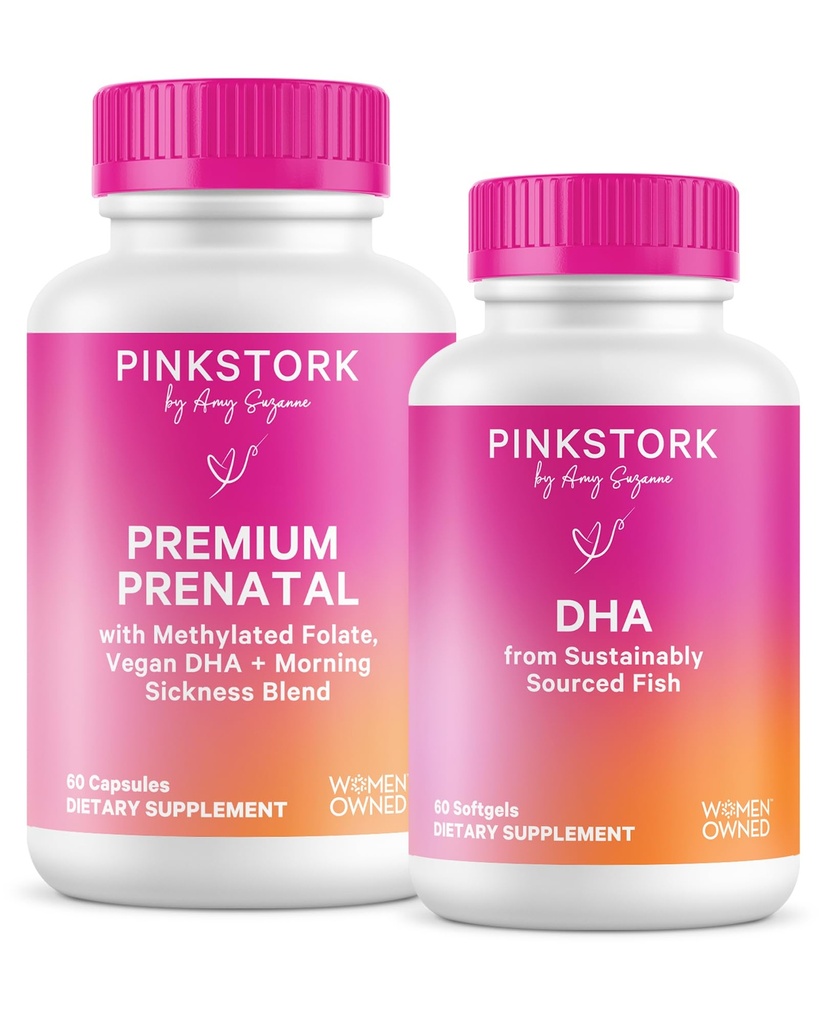 Pink Stork Premium Prenatal Duo: Premium Pränatales Vitamin + DHA, Pränatale Probiotika für Frauen, Omega 3 + Fischöl, Pränatales Vitamin mit DHA und Folsäure, Frauen-besetzt