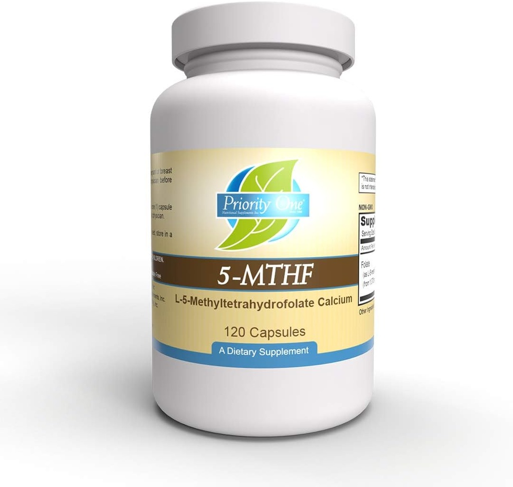 Priorité 1 Vitamines 5-MTHF 1mg Supplément folate Biodisponible Forme active Vitamine B9 120 Capsules végétariennes [6]-5-méthyltétrahydrofolate Méthylation