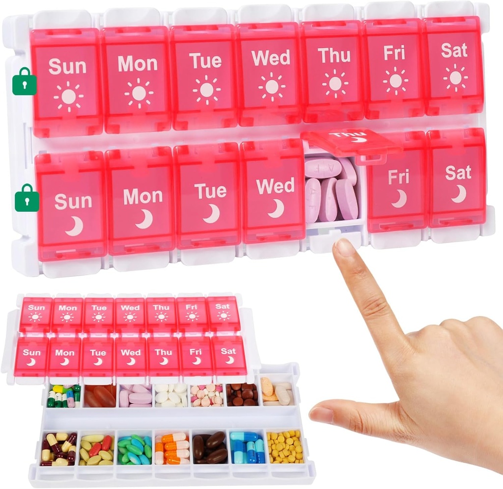 Shintop Weekly Pill Organizer 2 volte, Pink Pill Box Push Button Daily Vitamin Case Easy Fill Morning Night Medicine Organizer for Fish Oil Supplements