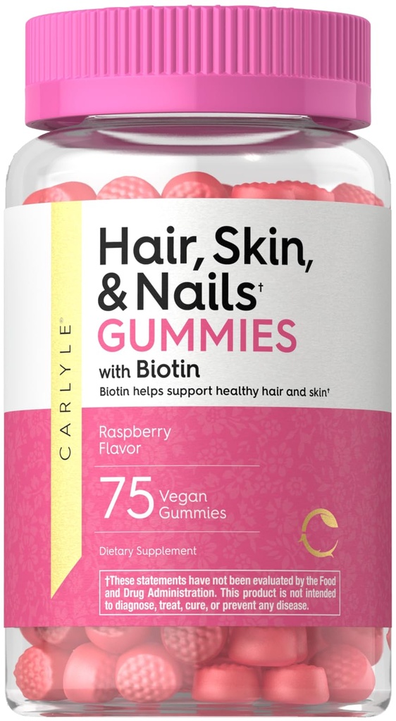 Carlyle Hair Skin and Nails Vitamins | 75 Gummies | con Biotin e Collagen | Supplemento pancia per le donne | Fragola Flavor | Non OGM, Gluten Free