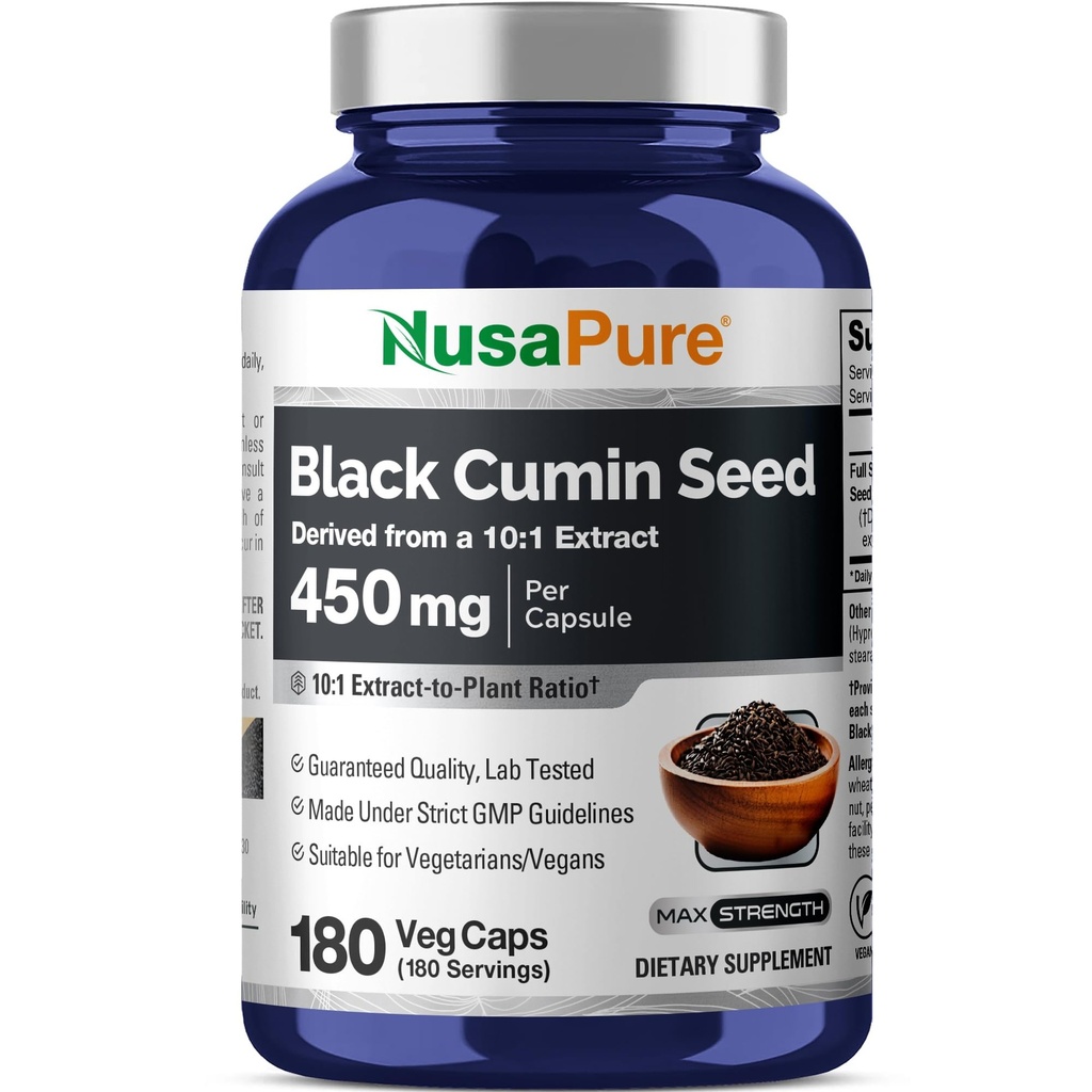 NusaPure Full Spectrum Black Cumin Seed 10:1 Extrakt, 450 mg Äquivalent zu 4.500mg 180 Veggie Powder Caps Non-GMO, Vegan Non-Oily