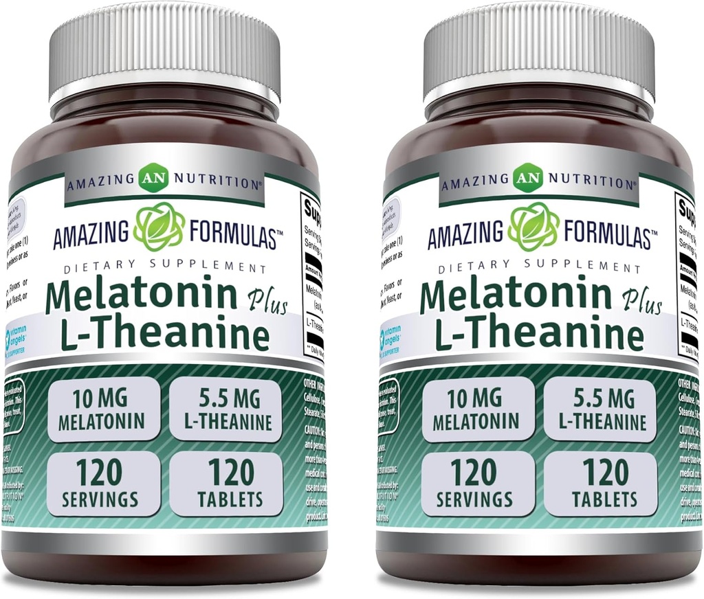 Amazing Formulas Melatonin 10 Mg Plus L-Theanine 5.5 Mg Supplemento | 120 compresse | Non-GMO | Gluten Free | Made in USA | Confezione di 2