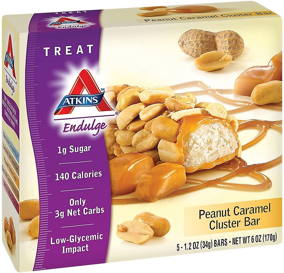 Atkins Peanut Caramel Cluster Bar, Dessert Favorit, High in Fiber, 3g Net Carb, 1g Zucker