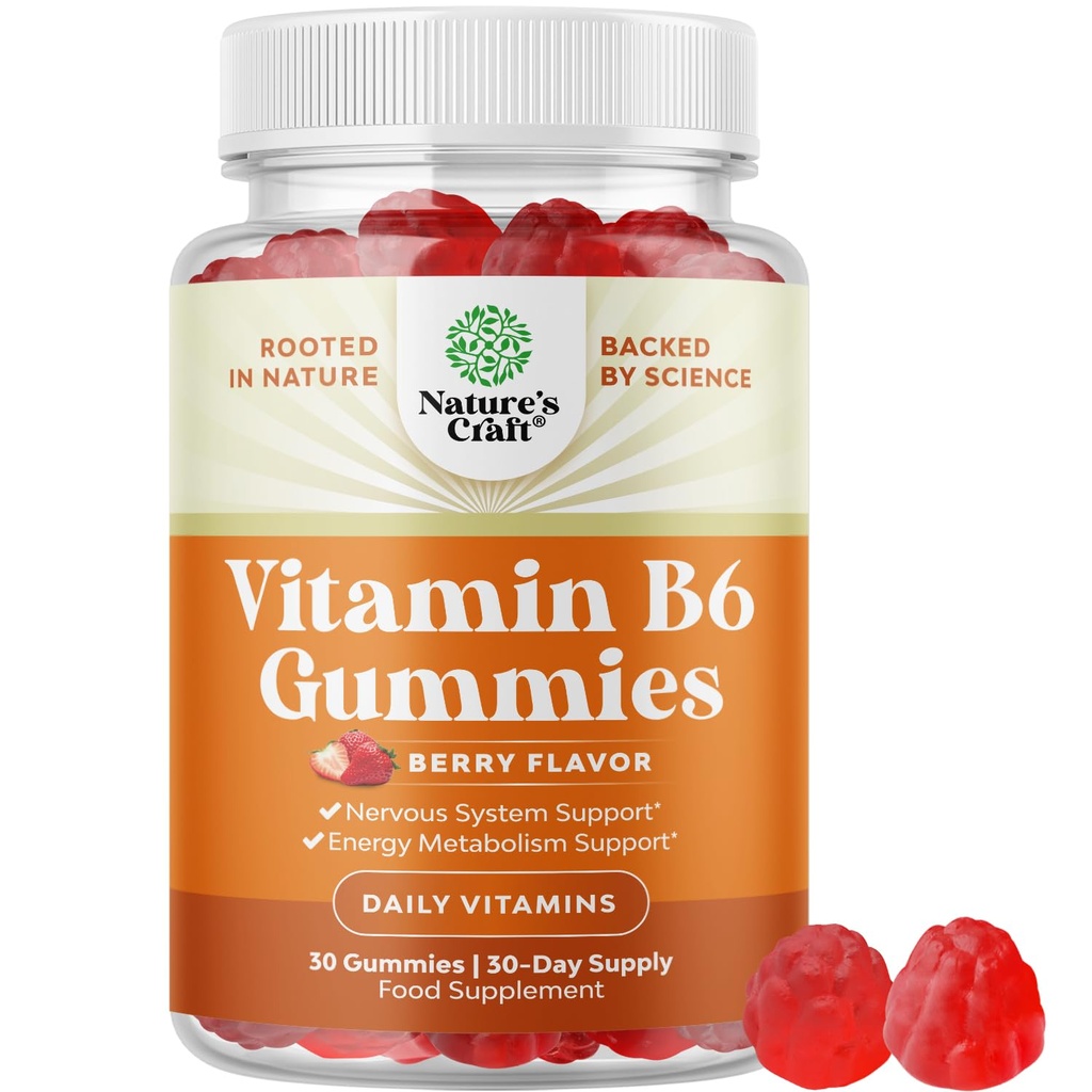 Potente vitamina B6 Gummies per gli adulti - Potente vitamina B Complesso Integratori per gli uomini e le donne per il supporto del sistema nervoso Mood & Sistema immunitario - Vegan Pyridoxine Chews for Energy & Metabolism - 30 Ct
