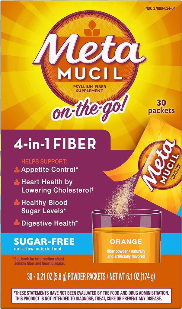 Metamucil Fiber 4-in-1 Psyllium Fiber Supplement Zuckerfreies Pulver Einzel-Serve-Packets Orange Flavored Drink 2 Boxen von 30 Packungen (OLD)