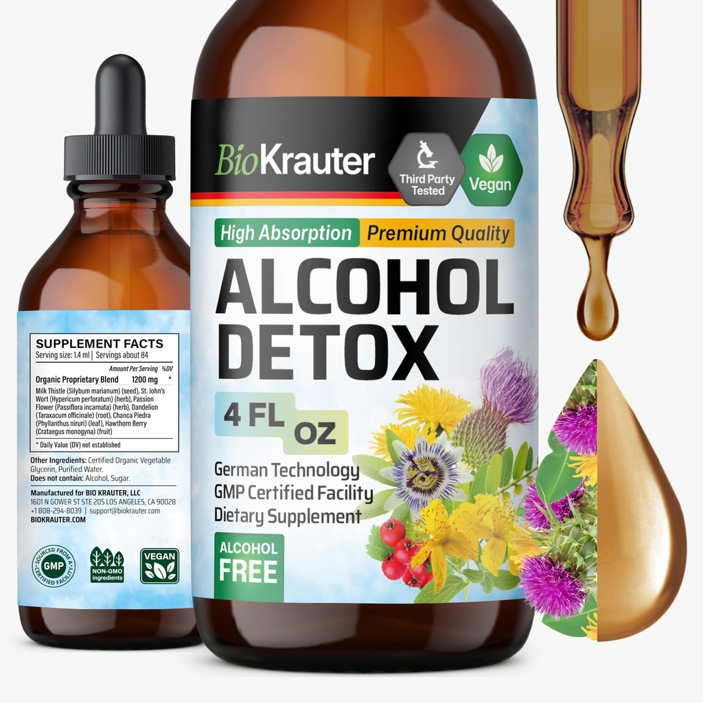 BIO KRAUTER Teinture de détox d'alcool - formule de nettoyage du foie - chardon et dandelion de lait - extrait liquide de détox de foie - sans alcool et sans sucre - gouttes végétaliennes 4 Fl.Oz.