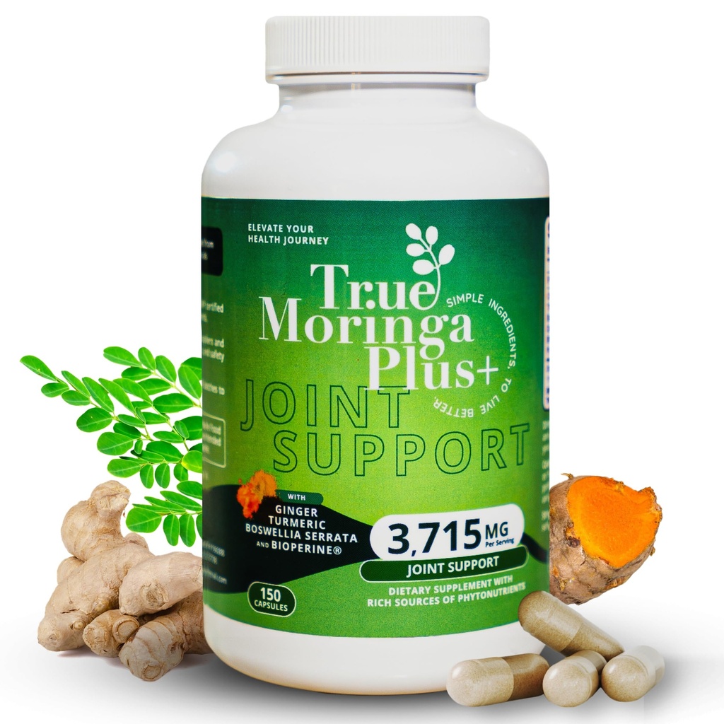 True Moringa Plus+ Joint Support Supplement 10:1 Extrakt | 20.000 mg Bio Moringa, Kurkuma, Ginger, Boswellia, BioPerine | Extra Strength Herbal Antioxidant für Erwachsene (150 Kapseln)
