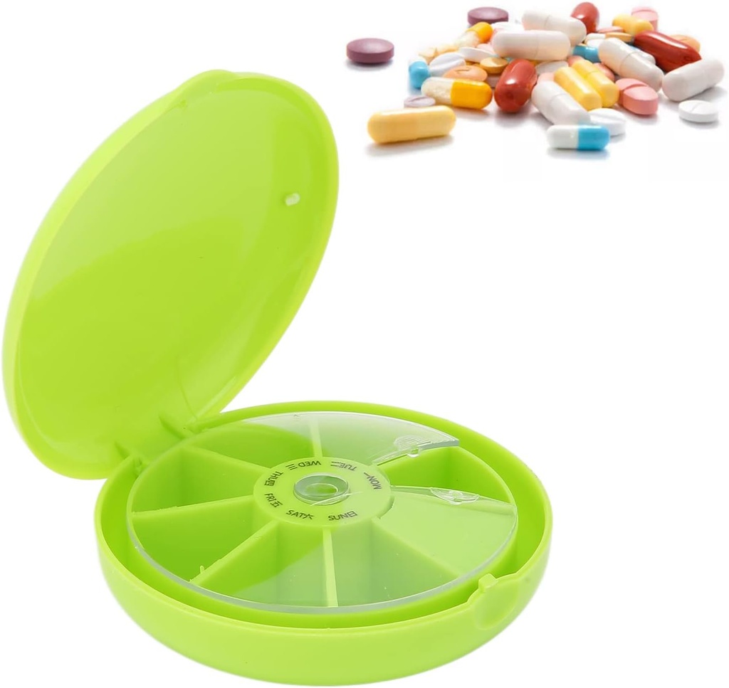 7 giorno Pills Container, sette griglie Pills Box organizzatori Round 7 scomparti scatola di viaggio per i Pillole di viaggio casa Caso di assistenza medica Strumento Settimana quotidiana Reminder Case(Green)