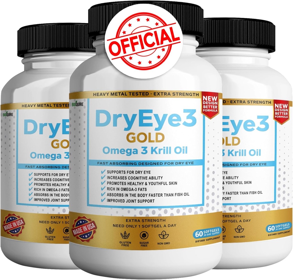 Dry Eye 3 Gold Omega 3 Krill Oil Extra Strength, 60 Softgels, Dry Eye Support, Non-GMO, Gluten Free, Sugar Free (3)