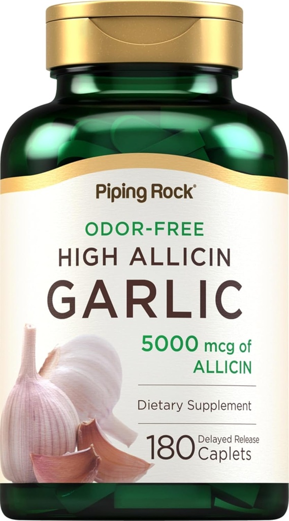 Piping Rock Pilules d'ail sans odorat avec haut allicine , 180 Caplets , Odor Free , Végétarien, Non-OGM, Sans gluten