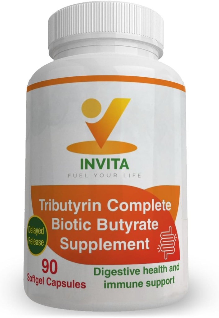 INVITA Tributyrin Supplemento Butyrate completo (550mg) - Supplemento Digestione per gli uomini e le donne - Capsule di Supporto Immune - Capsule Probiotici per la Salute Digestiva - Supplemento Gut Support