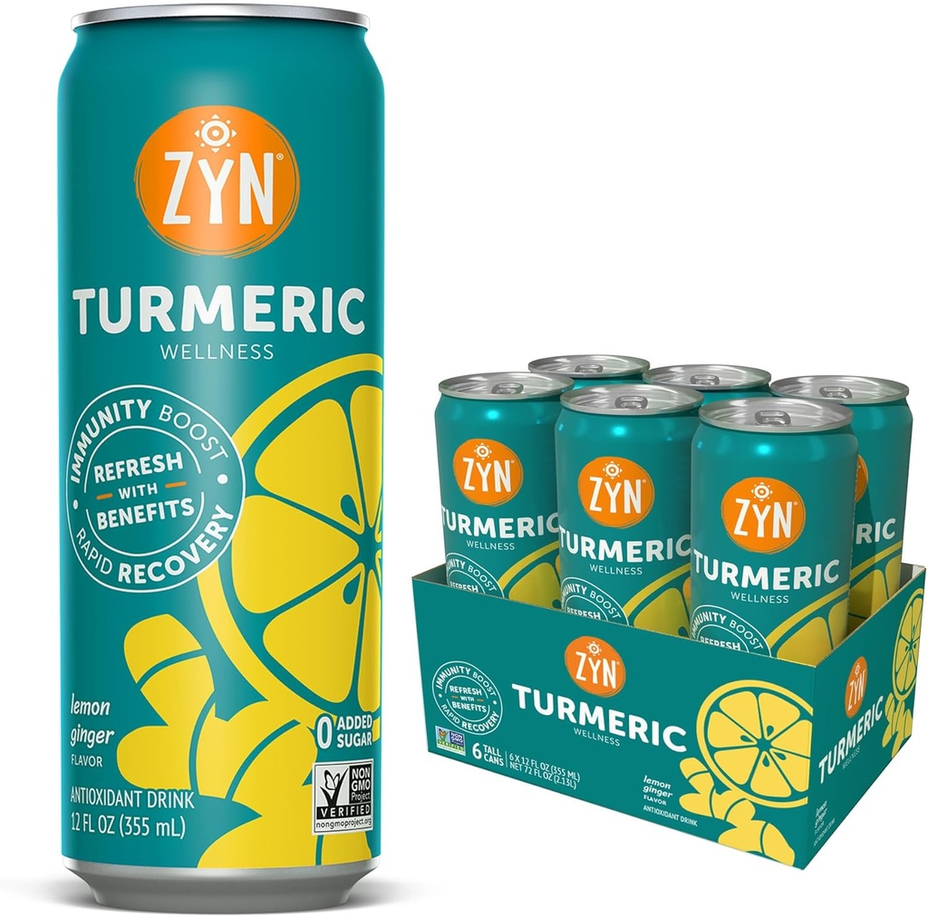 ZYN Turmeric Wellness Drink (6 Pack), Limone Ginger aromatizzato curcumina curcuma curcuma bere con pepe nero, Non Aggiunto Zucchero, Carbo basso & Bassa Calorie Bere, Clean Alternative
