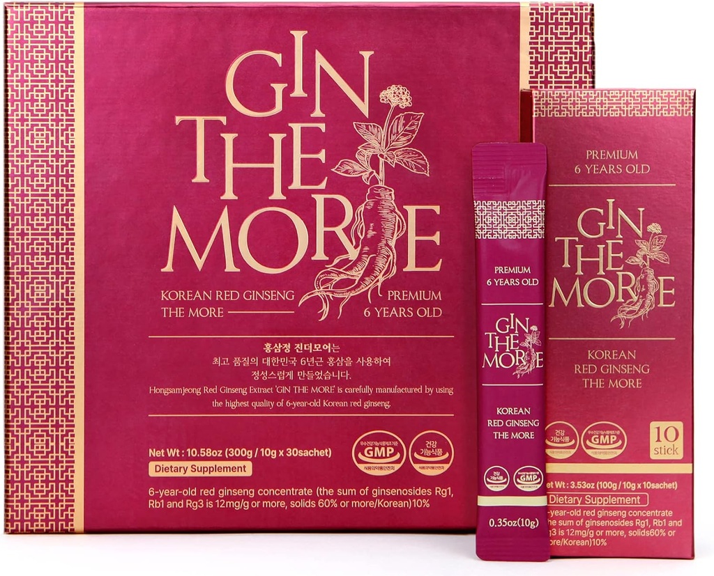 [Gin The More] Ginseng rosso coreano – 30 Sachets Korean Ginseng Extract – Premium Ginseng Extract 6 Year with No Preservatives, Fillers – Sapore piacevole – Nutriente Immunity Shot