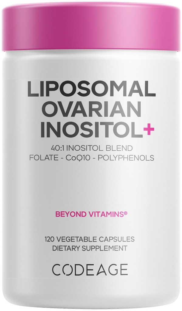 Codeage Liposomal Ovarian Inositol+ Supplement - Myo-Inositol & D-Chiro-Inositol 40:1 Blend, Folate 5-MTHF, CoQ10, Granatapfel & Wild Blueberry, Liposomal Delivery, Non-GMO, Gluten-Free - 120 Kapseln