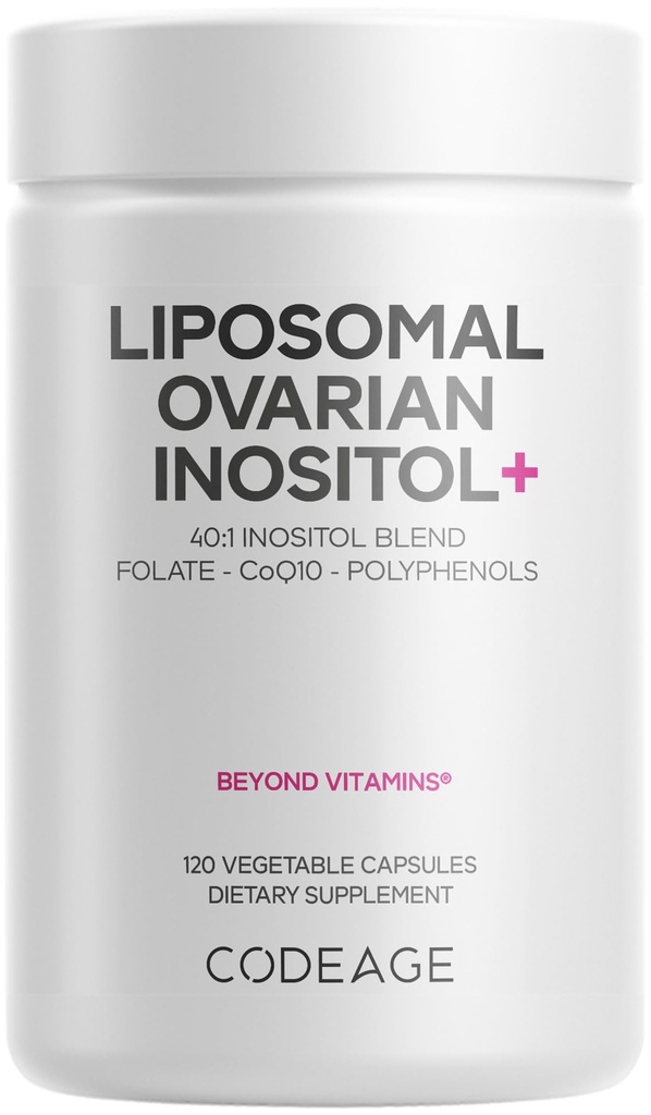 Codeage Liposomal Ovarian Inositol+ Supplement - Myo-Inositol & D-Chiro-Inositol 40:1 Blend, Folate 5-MTHF, CoQ10, Granatapfel & Wild Blueberry, Liposomal Delivery, Non-GMO, Gluten-Free - 120 Kapseln