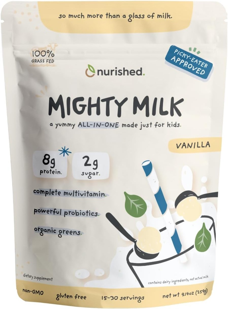 Vanilla Mighty Milk - Kids All-in-One Daily Protein Powder & Multivitamin Boosted with 2 Billion Probiotics & Organic Spinach - natürliche Aromen, Farben & Süßungsmittel - 15-30 Servierungen