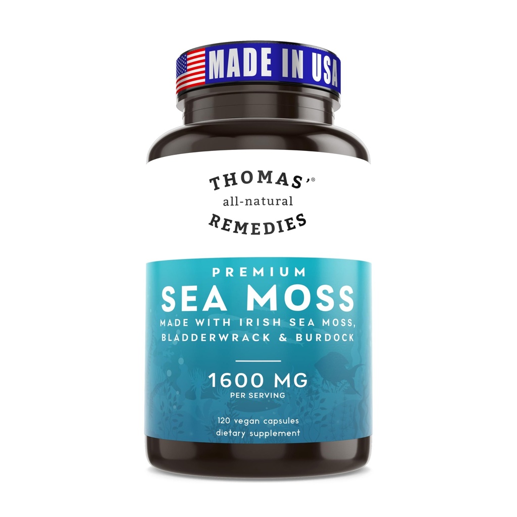 Thomas' all-natural Remedies Irish Sea Moss Capsule, Sea Moss con Bladderwrack & Burdock Root Organic for Gut Health, Digestion, Energy & Immune Support, 120 pillole Seamoss