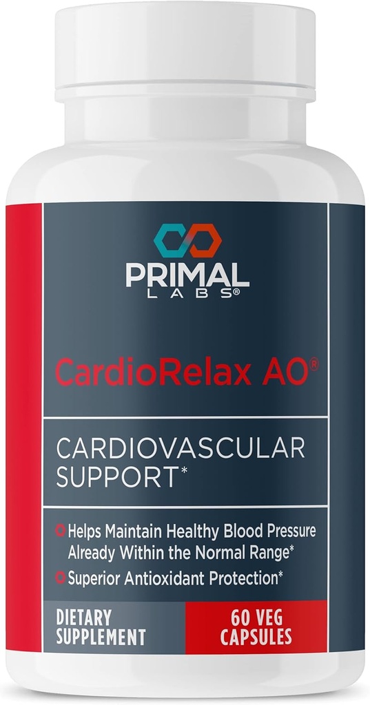 Primal Health CardioRelax AO - Coenzyme Q10 Formula, Bioperine + Olive Leaf Extract - 60 Capsules
