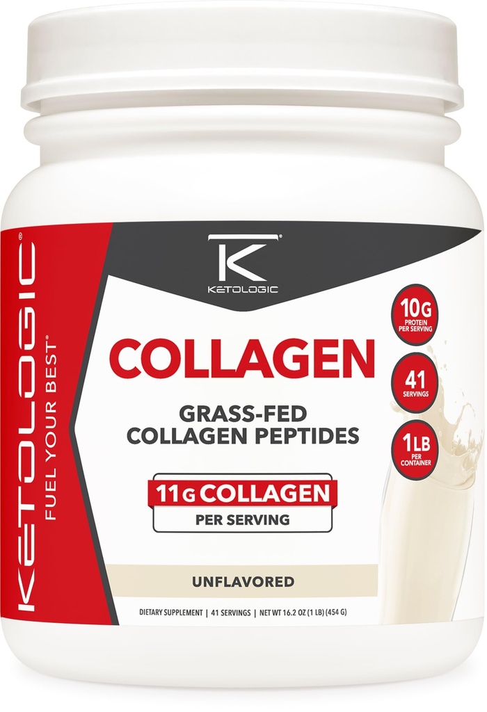 Polvere dell'idrolisato del collagene dell'erba Ketologic (senza aroma) (1 LB) - 41 Serve, 11 G Collagen Per Serving, 10 G Protein Per Serving - Peptidi di collagene a base di erba