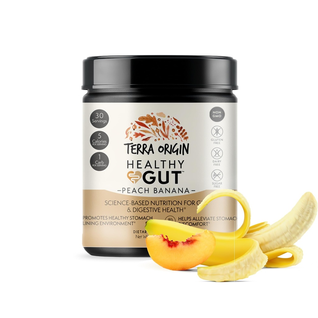 TERRA ORIGIN Gesundes Gut Peach Banana | 30-Servings mit L-Glutamin, Zink, Glucosamin, Slippery Elm Bark, Marshmallow Root und mehr!