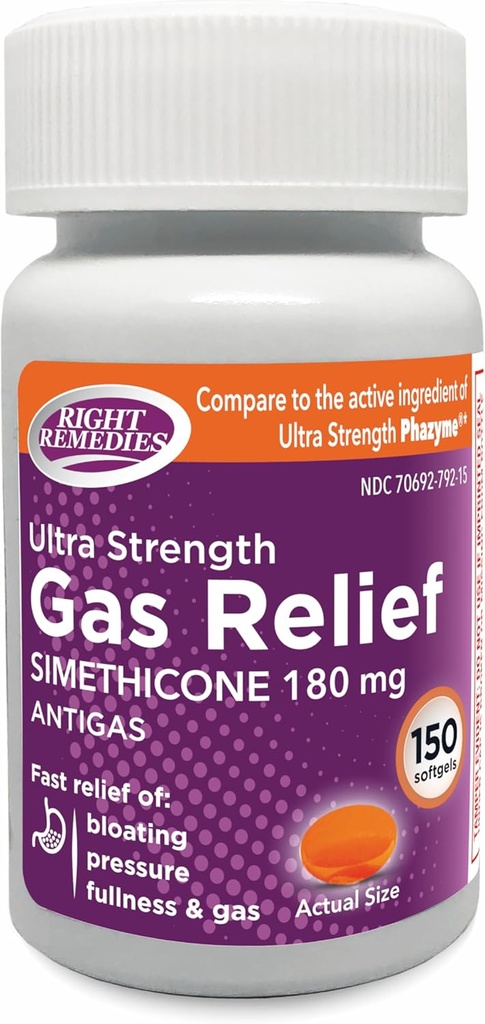 Relief de gaz Ultra Strength, 180mg Siméthicone (150 Softgels) Relief rapide du gaz, Bloaging, Pleineté, Douleur Malcomfort, Comparer à l'Ingrédient actif Phzyme Ultra Strength