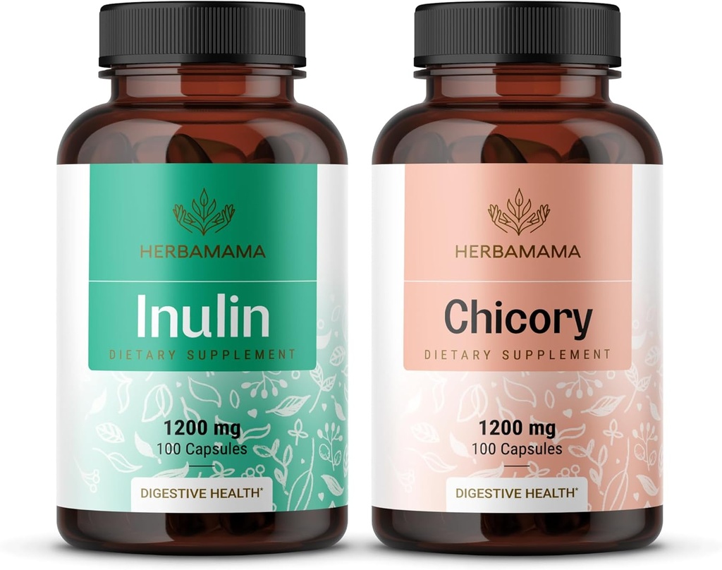 HERBAMAMA Inulina e Chicory Kit - Bundle di 1200 mg Inulina Fibra & 1200 mg Chicory Root Capsule - Vegan, Non OGM, Gelatinl-Free - 2 Pack