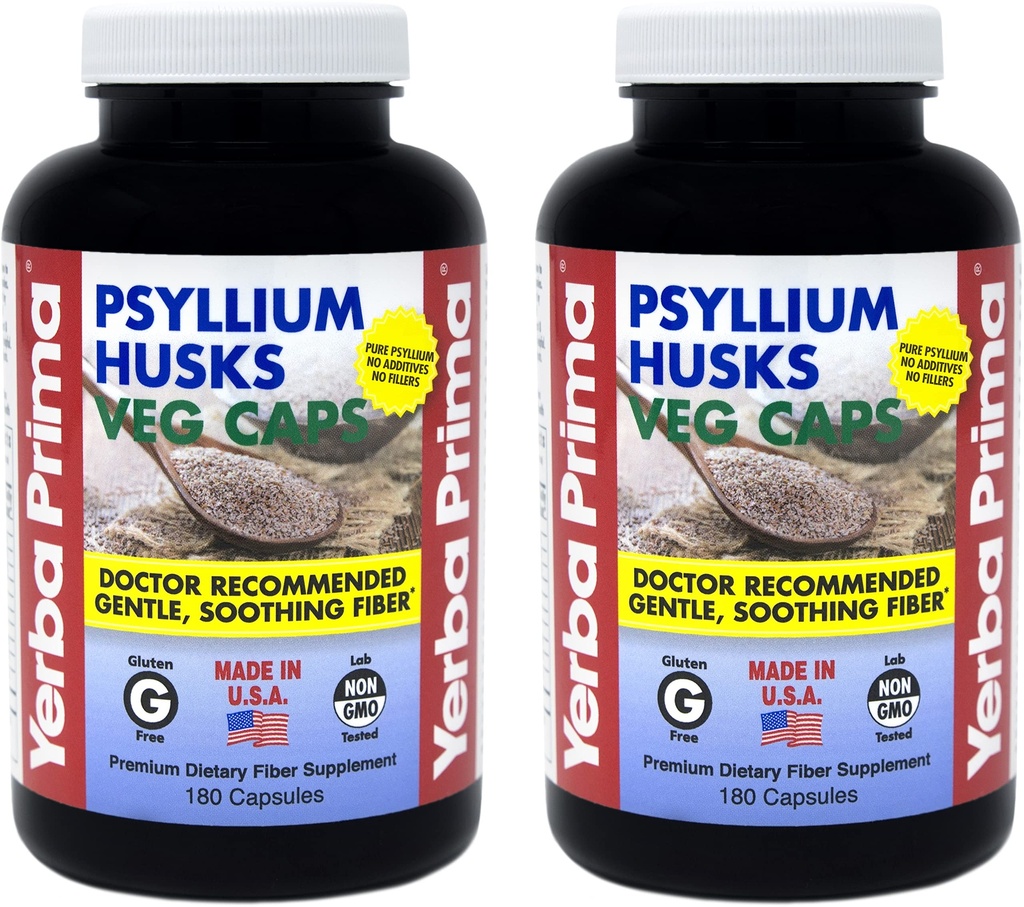 Yerba Prima Psyllium Husks Veg Caps - 180 Compte (2 Pack) (625mg) - Vegan, Non-OGM, Sans gluten, Colon Cleanser, Supplément de fibre quotidienne pour la santé et la régularité Gut