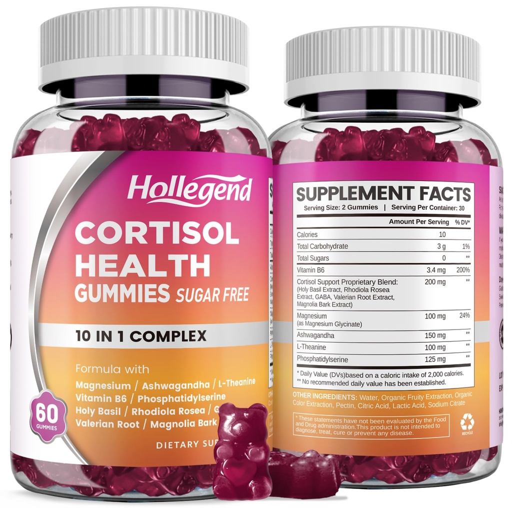 Cortisol Ergänzungen für Frauen, Cortisol Gummies mit Ashwagandha, Magnesium, L-Theanin, Phosphatidylserine, B6 für Cortisol Detox, Relaxation, Sleep, Focus, Sugar-Free, Vegan, 120